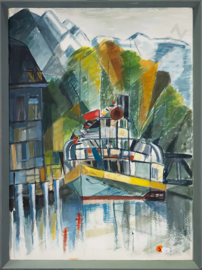framed Peter Borland? watercolour - boat and mountains H-520 W-380 Image 1++