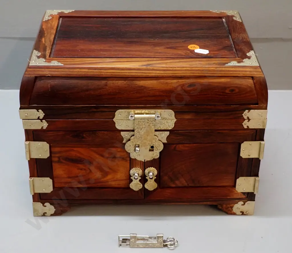 small Chinese timber jewellery chest with metal fittings and binding, split-key lock, mirror. One lock eyelet missing Image 1++