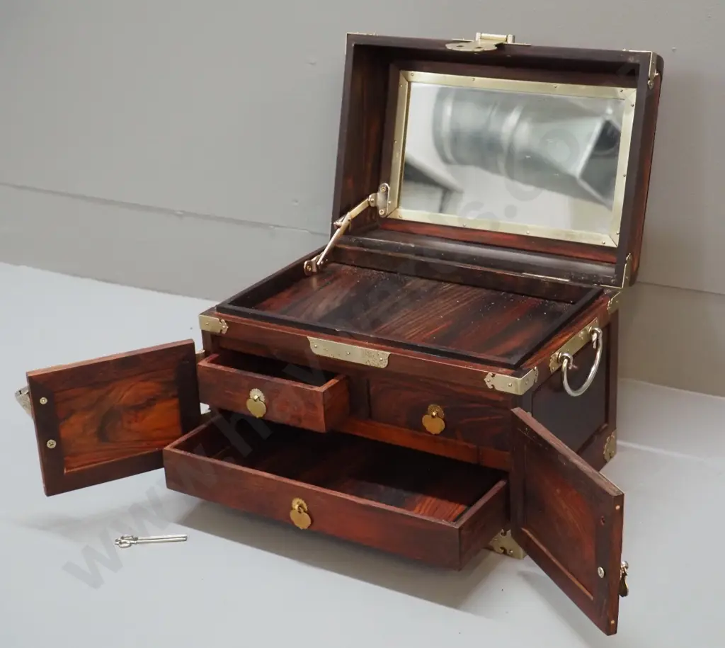 small Chinese timber jewellery chest with metal fittings and binding, split-key lock, mirror. One lock eyelet missing Image 1++