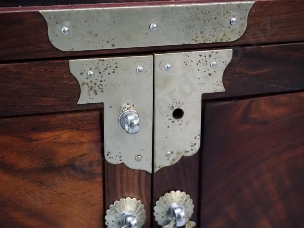 small Chinese timber jewellery chest with metal fittings and binding, split-key lock, mirror. One lock eyelet missing Image 1++