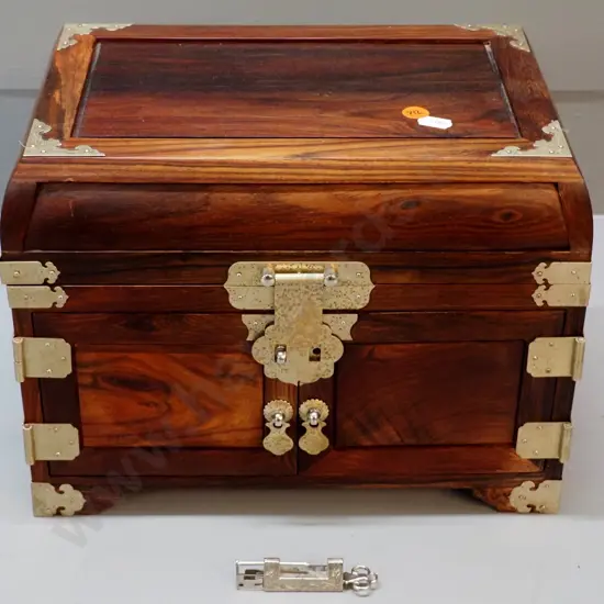 small Chinese timber jewellery chest with metal fittings and binding, split-key lock, mirror. One lock eyelet missing