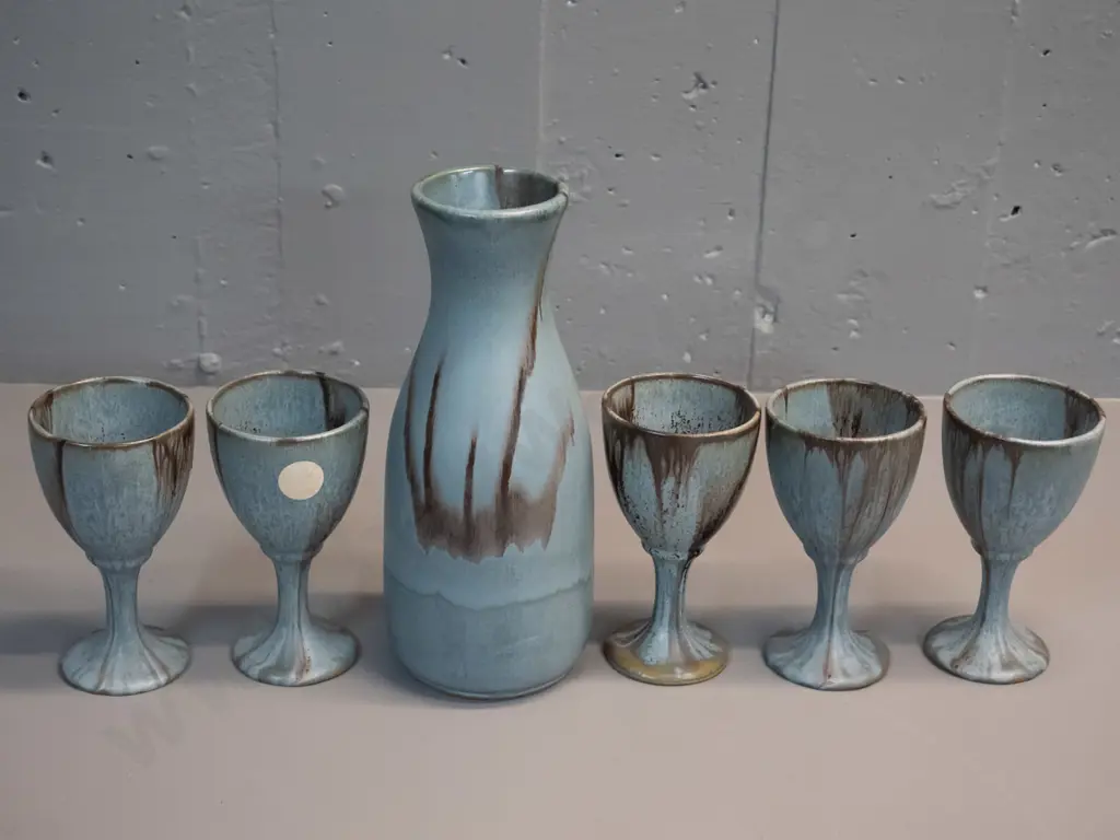 Blue Mountain Pottery trickle glaze decanter with 5 stemmed goblets in slate grey trickle glaze - decanter H-255 Image 1++