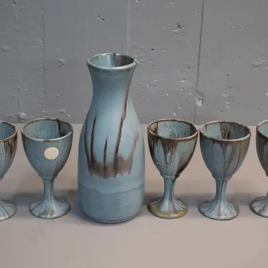 Blue Mountain Pottery trickle glaze decanter with 5 stemmed goblets in slate grey trickle glaze - decanter H-255