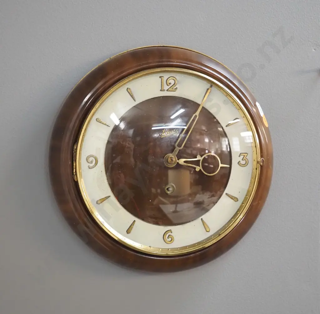 Schatz metal cased wall clock with brass trim, faux wood finish, with key, D-230 - not working, spring broken Image 1++
