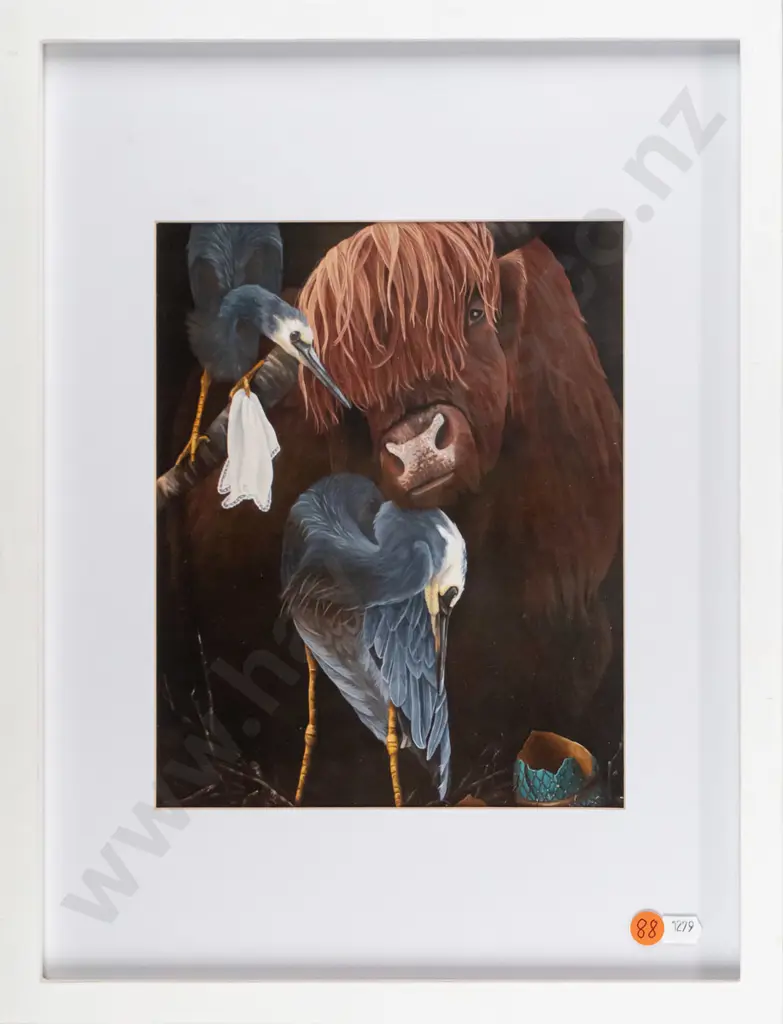 framed Marie Reid Beadle digital print -  cow and birds H-240 W-190 Image 1++
