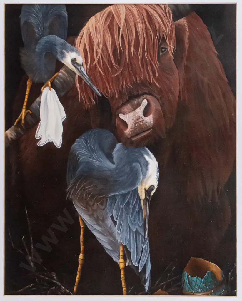 framed Marie Reid Beadle digital print -  cow and birds H-240 W-190 Image 1++