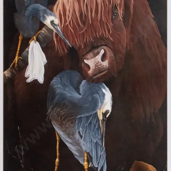 framed Marie Reid Beadle digital print -  cow and birds H-240 W-190