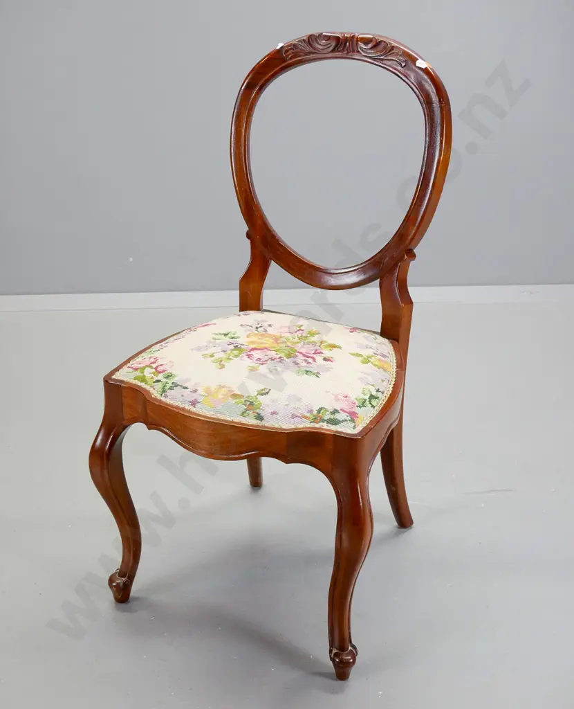 vintage mahogany carved balloon back dining chair, seat upholstered in hand-worked tapestry H-880 W-420 D-420 Image 1++