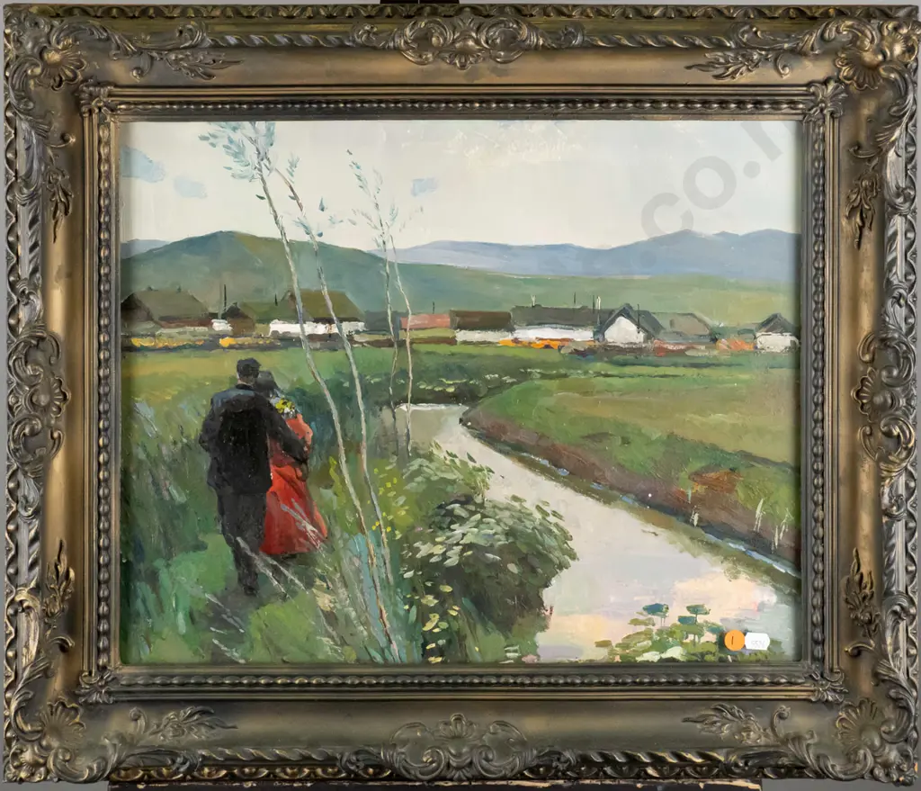 framed oil - couple walking by stream H-370 W-470 (also photos of back of painting) Image 1++