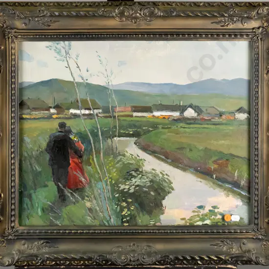 framed oil - couple walking by stream H-370 W-470 (also photos of back of painting)