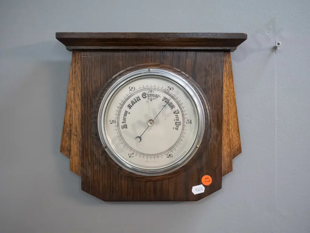 deco style oak-cased wall barometer H-230 W-230 - marked Made in England Image 1++