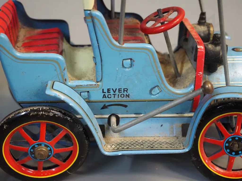 3 Japanese "Modern Toys" tin toy vintage vehicles with lever action drive, each has faults, one mechanism not working, Image 1++
