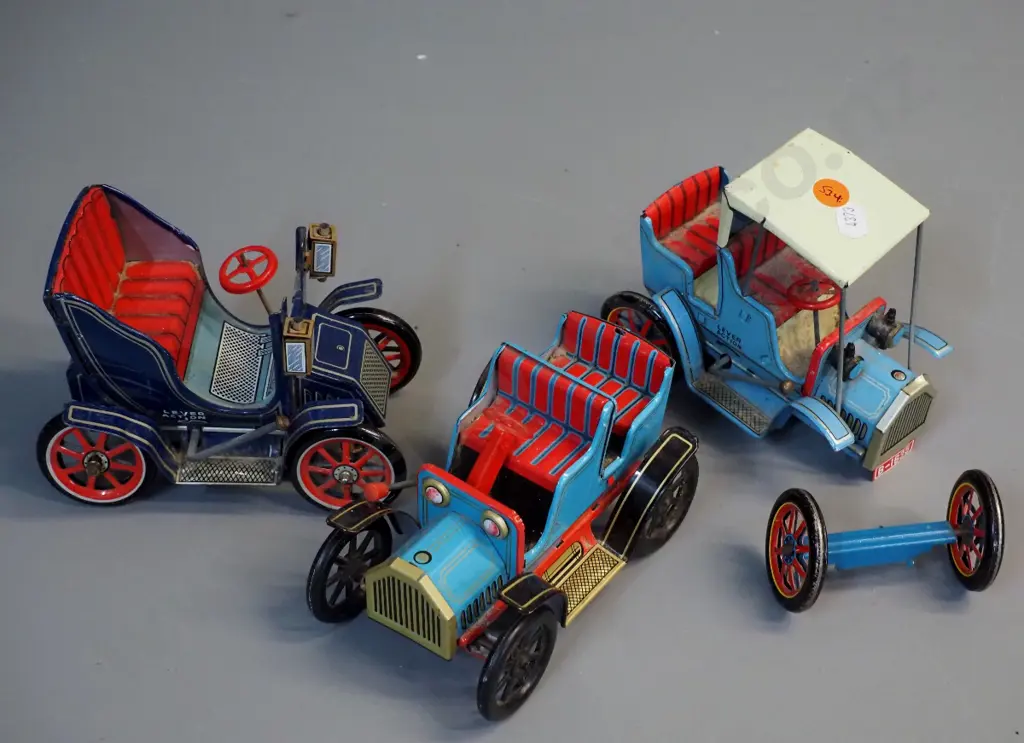 3 Japanese "Modern Toys" tin toy vintage vehicles with lever action drive, each has faults, one mechanism not working, Image 1++