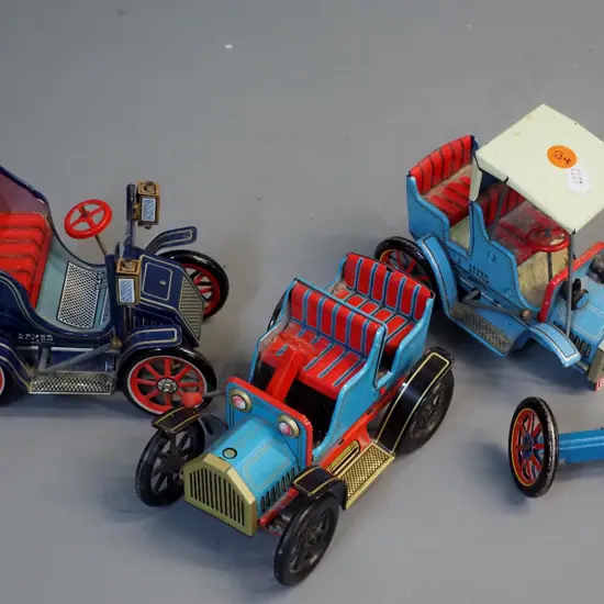 3 Japanese "Modern Toys" tin toy vintage vehicles with lever action drive, each has faults, one mechanism not working,
