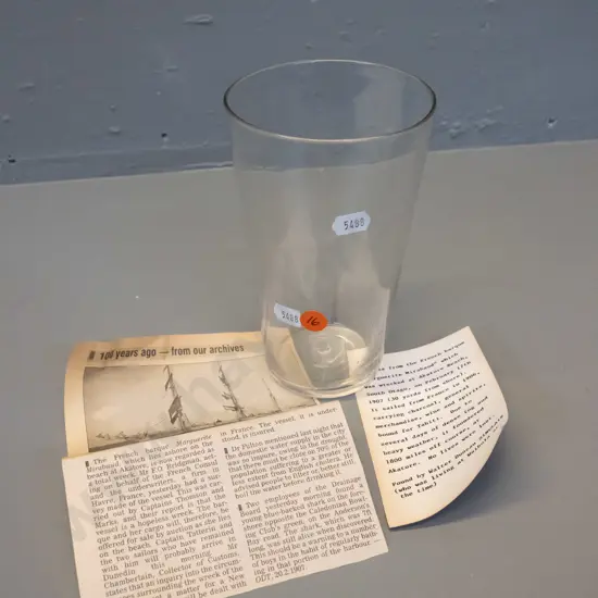 vintage hand blown large glass tumbler - recovered from 1907 shipwreck according to note - see photos