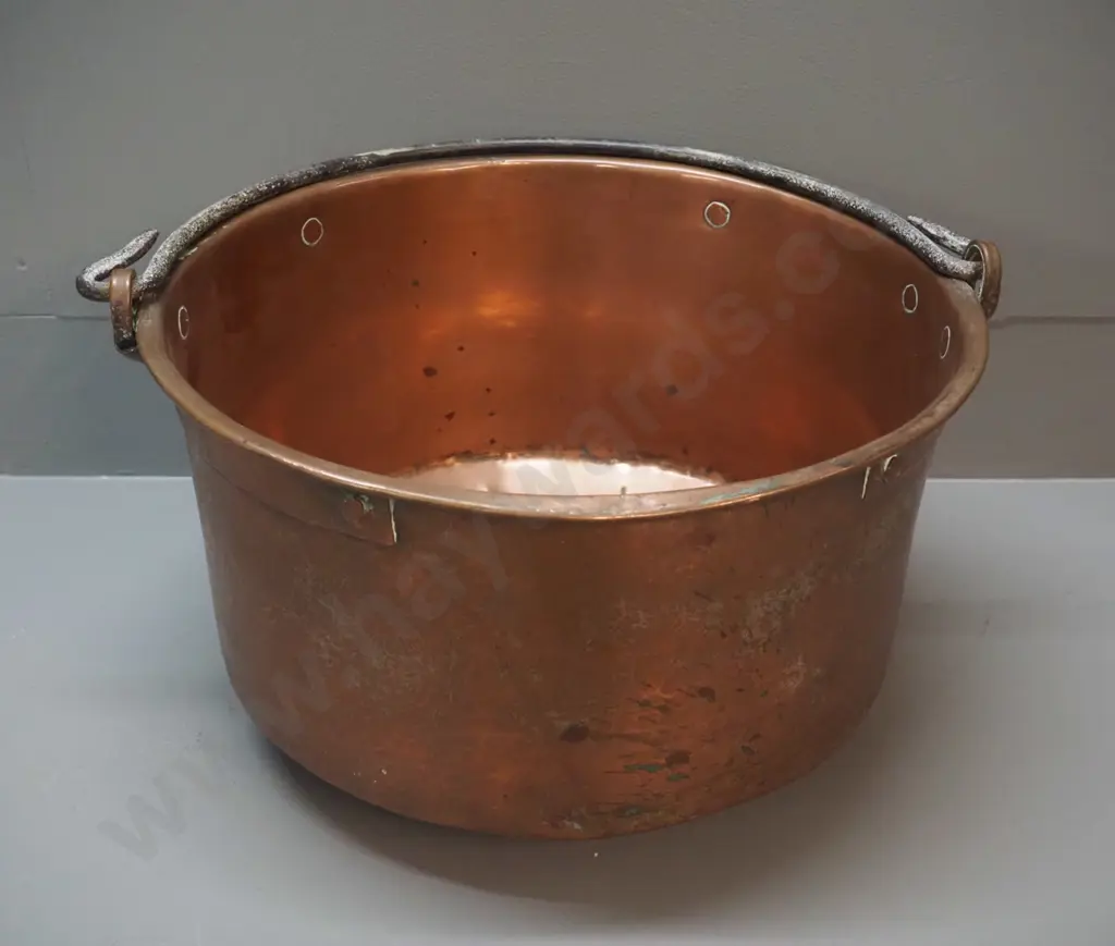 copper pot / jam pan with forged iron handle - general wear and dents H-210 D-365 Image 1++