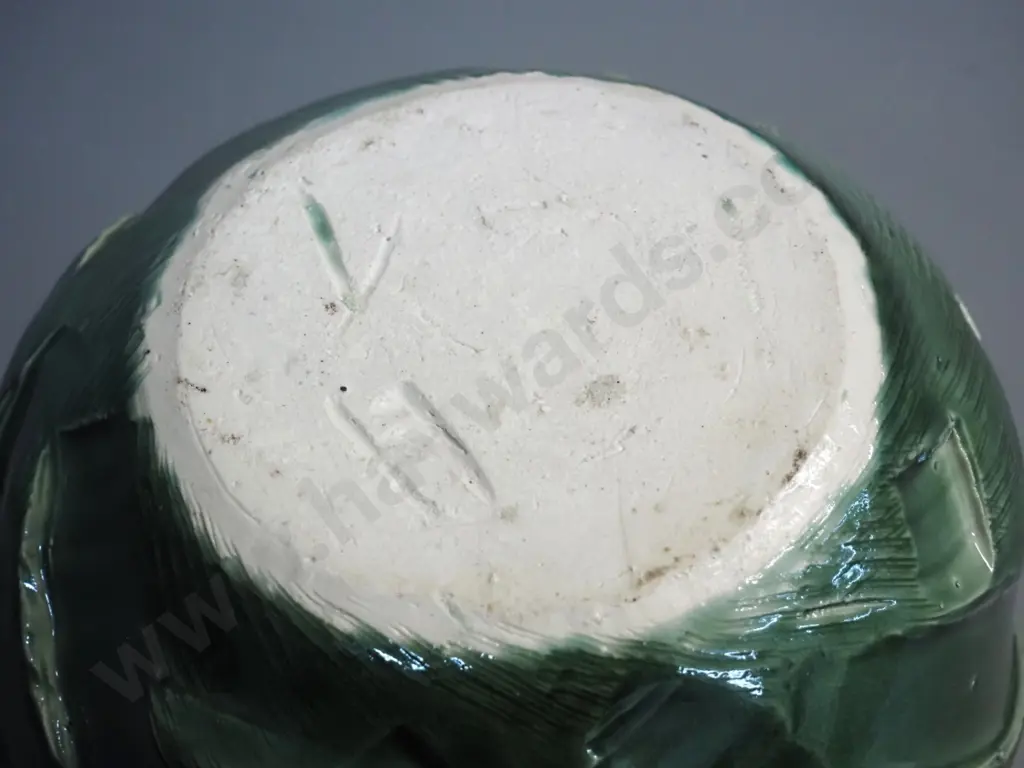 studio pottery green glaze relief pattern vase - unknown maker's mark on base H-240 D-230 Image 1++