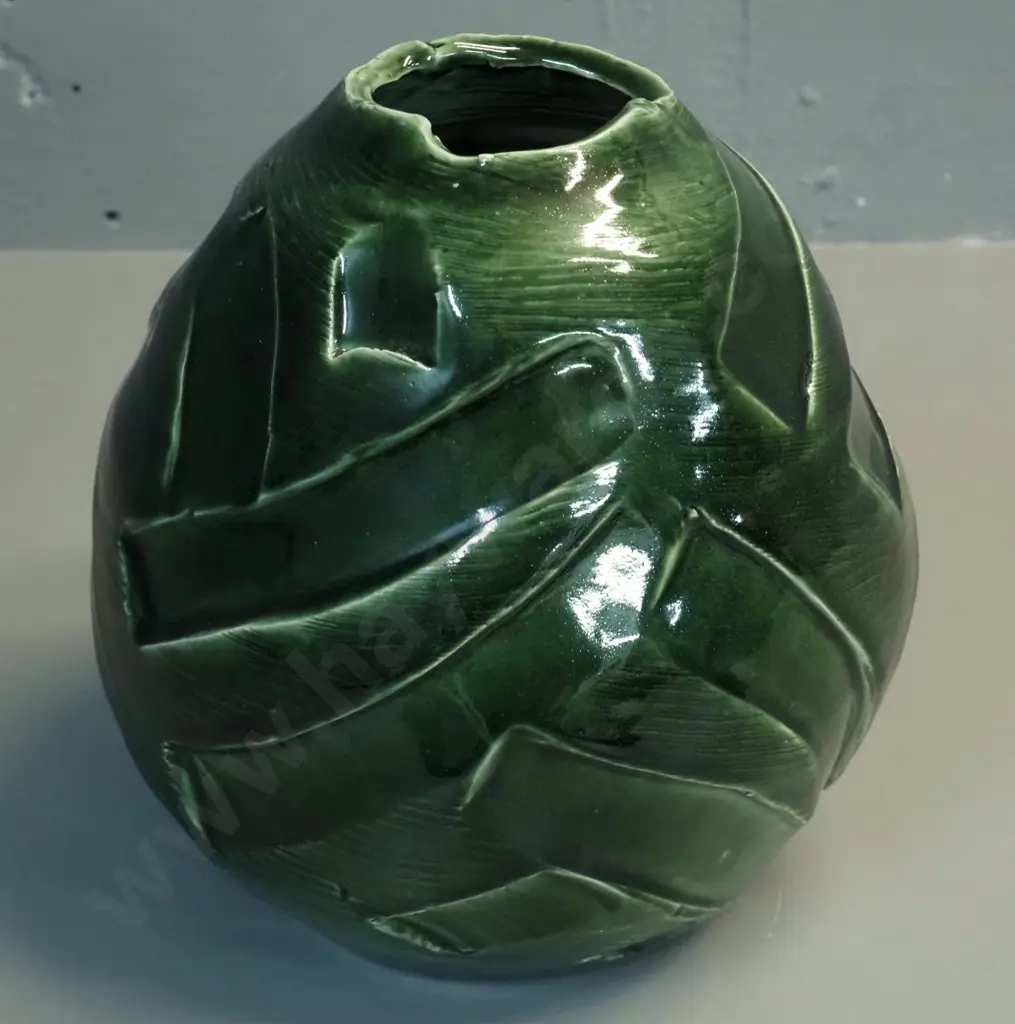 studio pottery green glaze relief pattern vase - unknown maker's mark on base H-240 D-230 Image 1++