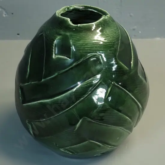 studio pottery green glaze relief pattern vase - unknown maker's mark on base H-240 D-230