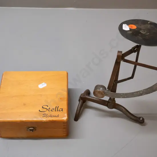 cased Stella-Economic watchmaker's glass fitting device and vintage brass balance arm scale - corrosion to scale marker