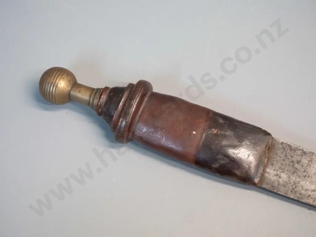 vintage scimitar style sword and leather sheath with brass cap, woven fabric straps - corrosion to blade and wear to Image 1++