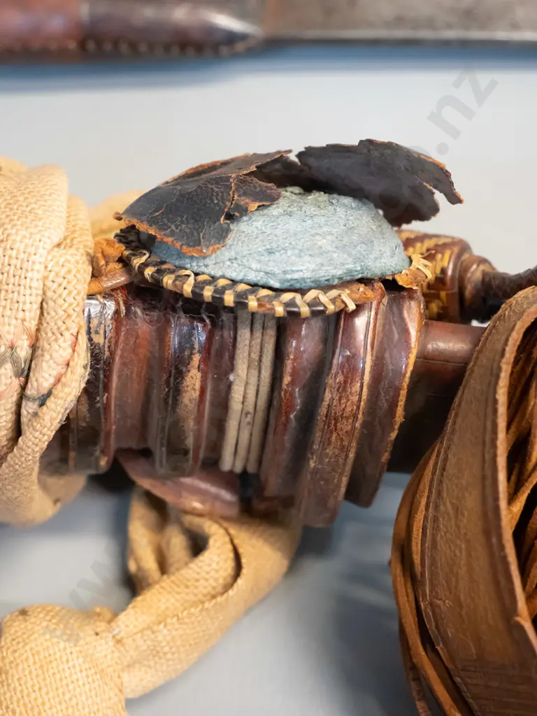 vintage scimitar style sword and leather sheath with brass cap, woven fabric straps - corrosion to blade and wear to Image 1++