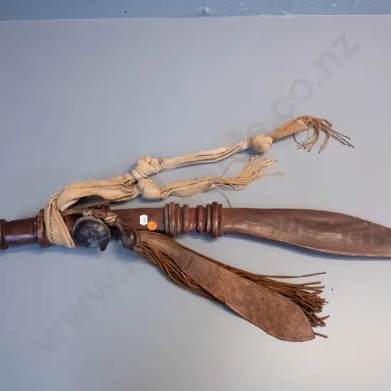 vintage scimitar style sword and leather sheath with brass cap, woven fabric straps - corrosion to blade and wear to