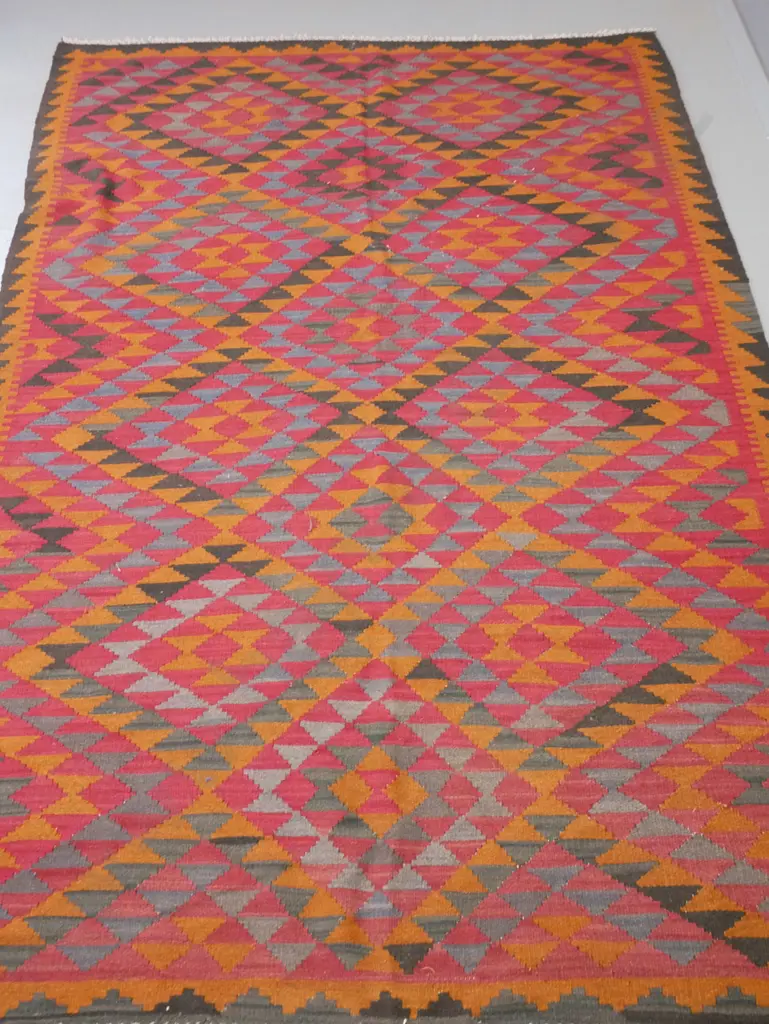 hand-woven wool kilim floor rug - red, grey, brown and orange geometric L-2440 W-1620 Image 1++