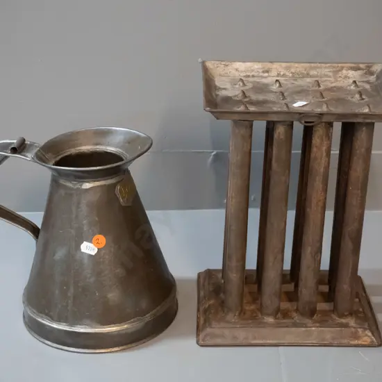 vintage tin half gallon jug with brass label, some dents, and a candle mould/makerH-270 W-200 D-150