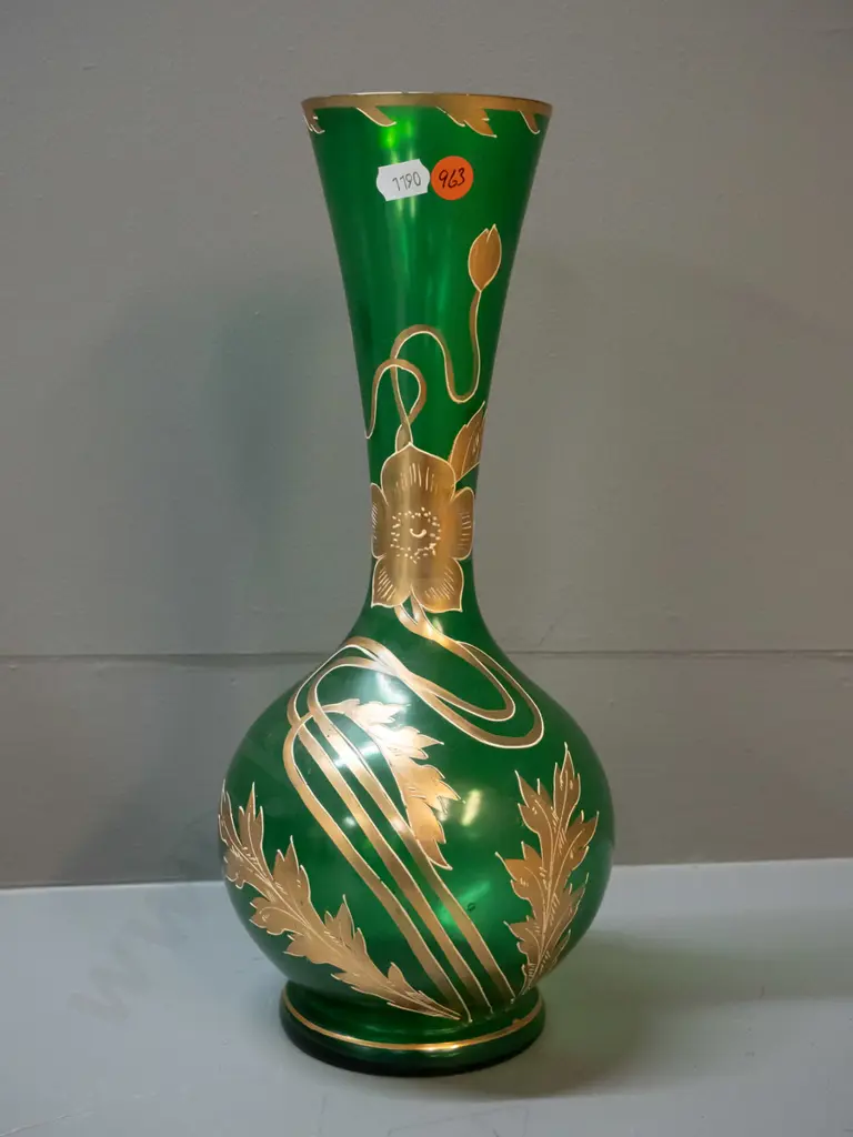 vintage green bottle vase with gold floral decoration H-340 Image 1++