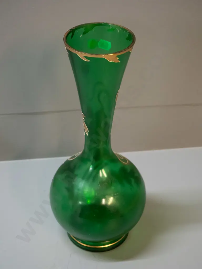vintage green bottle vase with gold floral decoration H-340 Image 1++