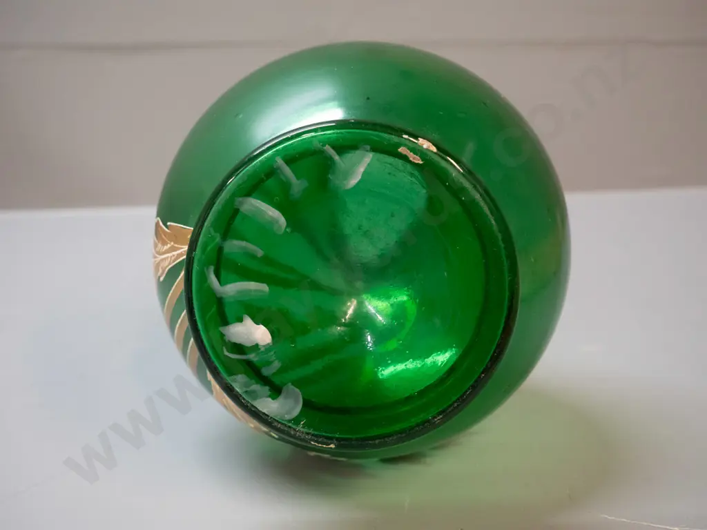 vintage green bottle vase with gold floral decoration H-340 Image 1++