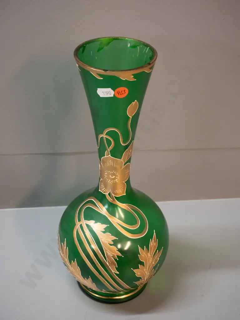 vintage green bottle vase with gold floral decoration H-340 Image 1++