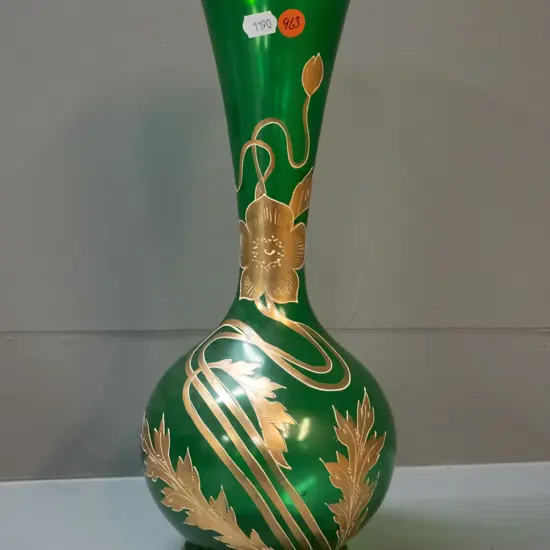 vintage green bottle vase with gold floral decoration H-340