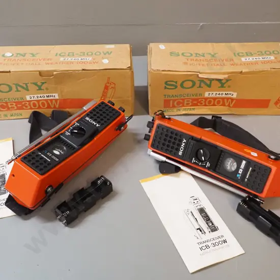 2 retro orange Sony ICB-300W transceivers / walkie-talkies in original boxes w/instructions - each L-280. Untested