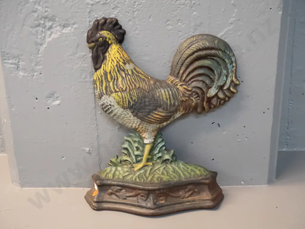 painted cast iron rooster door stop - some surface corrosion, paint wear H-320 W-270 Image 1++