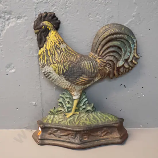 painted cast iron rooster door stop - some surface corrosion, paint wear H-320 W-270