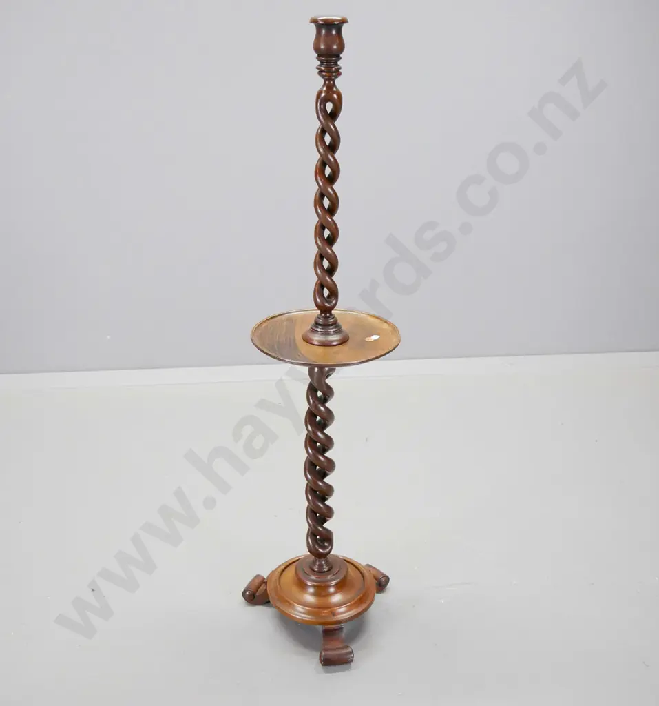 vintage floor-standing candle holder with double twist stem, small shelf, has had repair at bottom of stem H1070 D-240 Image 1++