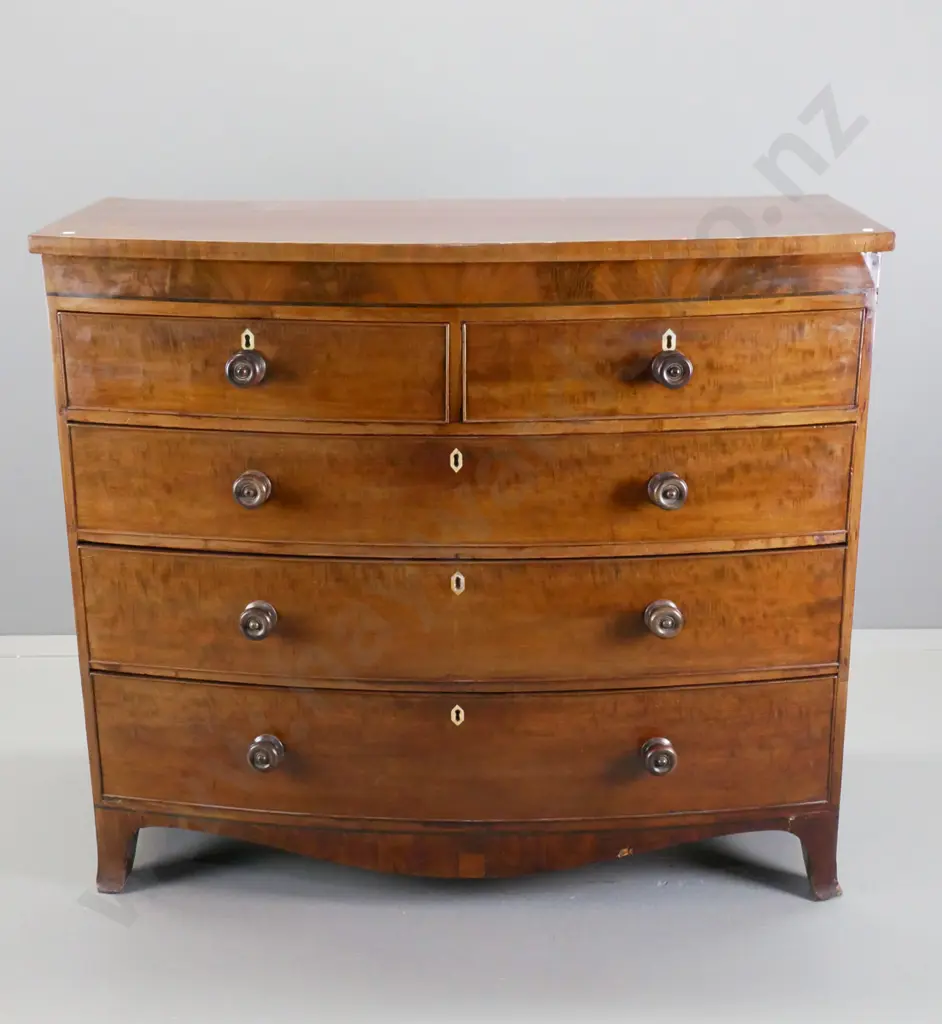 antique mahogany bow-front 5-drawer chest with flame veneer fronts, bone or ivory escutcheons - some chips to veneer and Image 1++