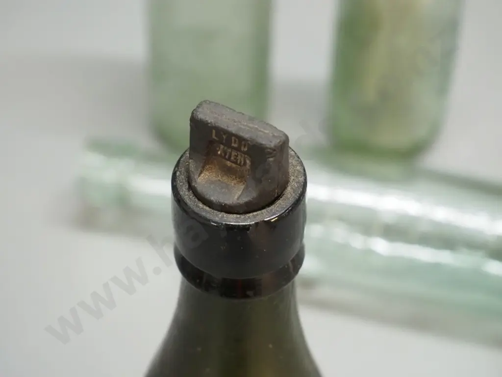 4 vintage drink bottles: Lane's Dunedin w/small chip at rim, bakelite screw stopper, Moffett & Co Invercargill, Saunders Image 1++
