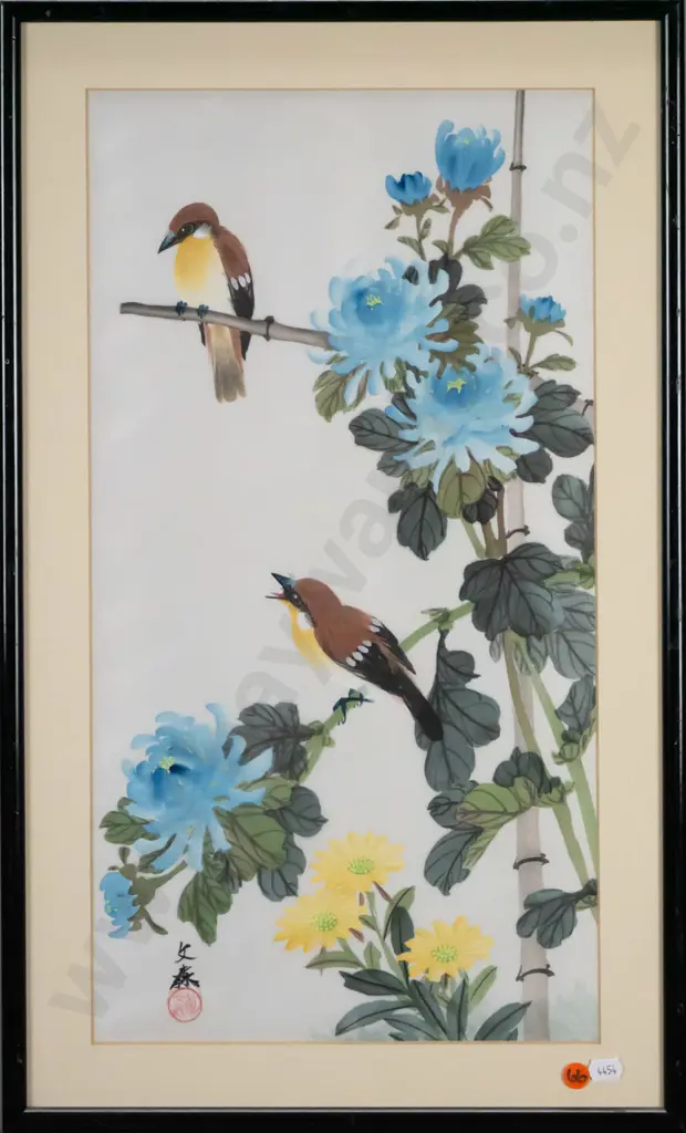 framed Asian watercolour on silk - birds on tree boughs H-490 W-260 Image 1++