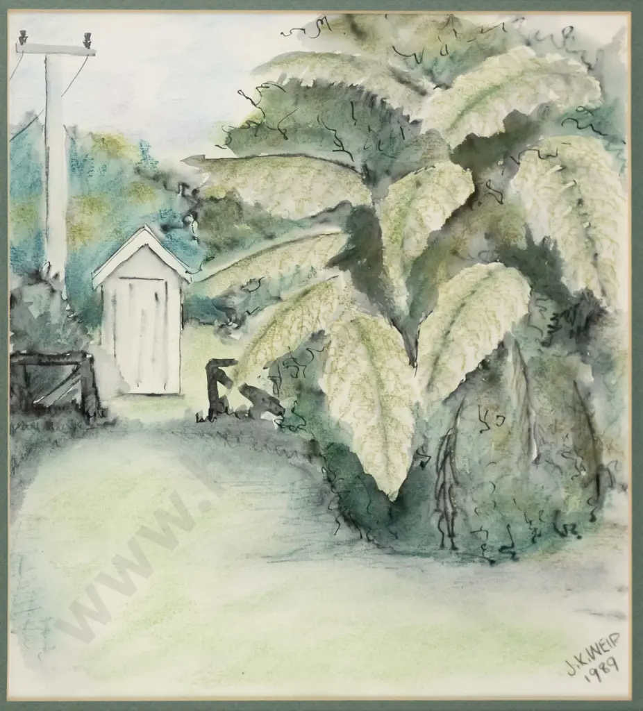 JK Weir 1989 - framed ink and watercolour garden scene H-270 W-240 Image 1++