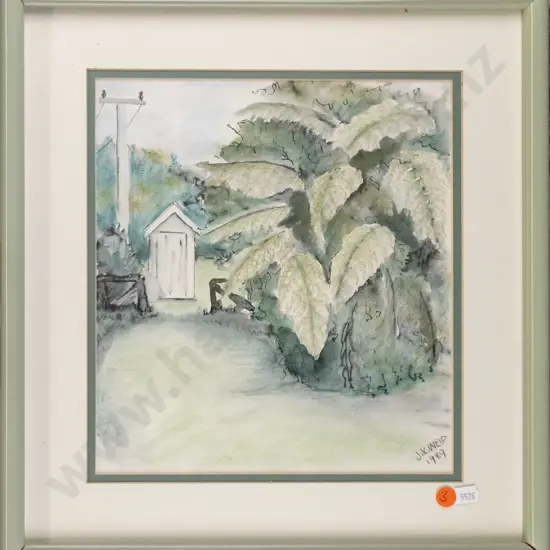 JK Weir 1989 - framed ink and watercolour garden scene H-270 W-240