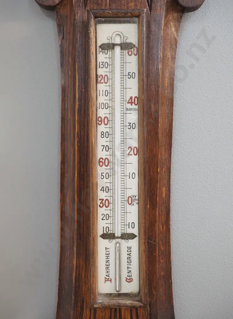 vintage carved timber-cased wall barometer-thermometer - cracks to wood in dial surround. H-920 Dial is D-260 Image 1++