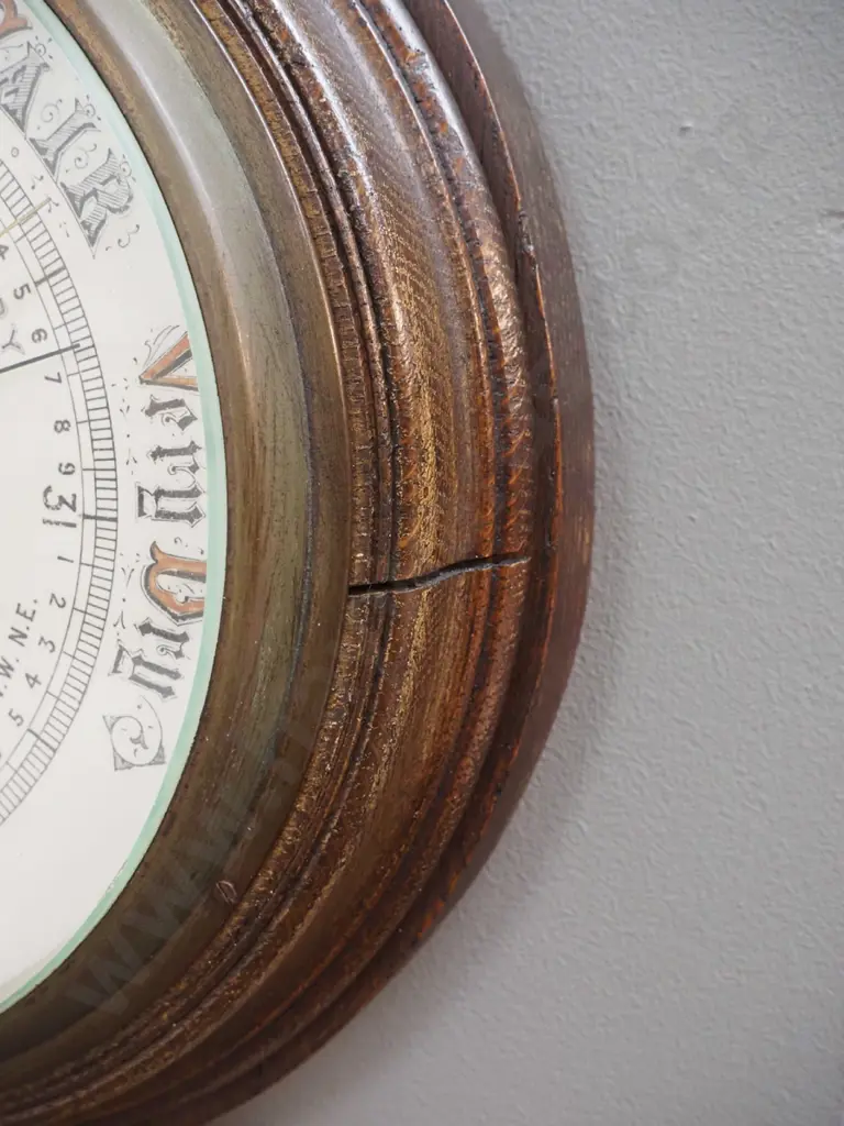 vintage carved timber-cased wall barometer-thermometer - cracks to wood in dial surround. H-920 Dial is D-260 Image 1++