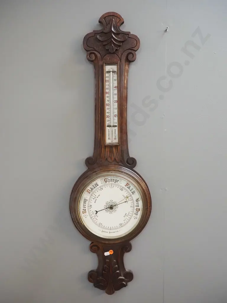 vintage carved timber-cased wall barometer-thermometer - cracks to wood in dial surround. H-920 Dial is D-260 Image 1++