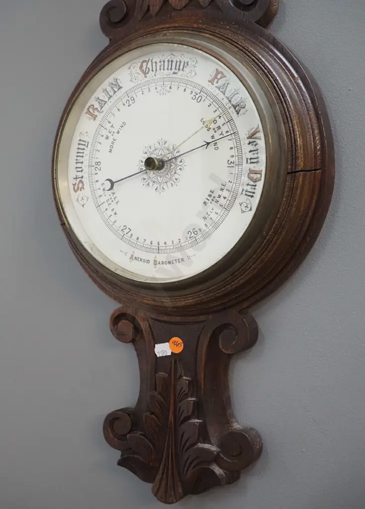 vintage carved timber-cased wall barometer-thermometer - cracks to wood in dial surround. H-920 Dial is D-260 Image 1++