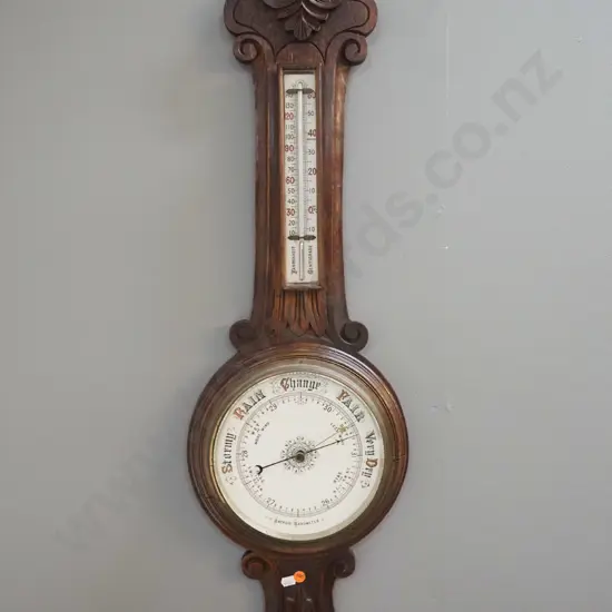 vintage carved timber-cased wall barometer-thermometer - cracks to wood in dial surround. H-920 Dial is D-260