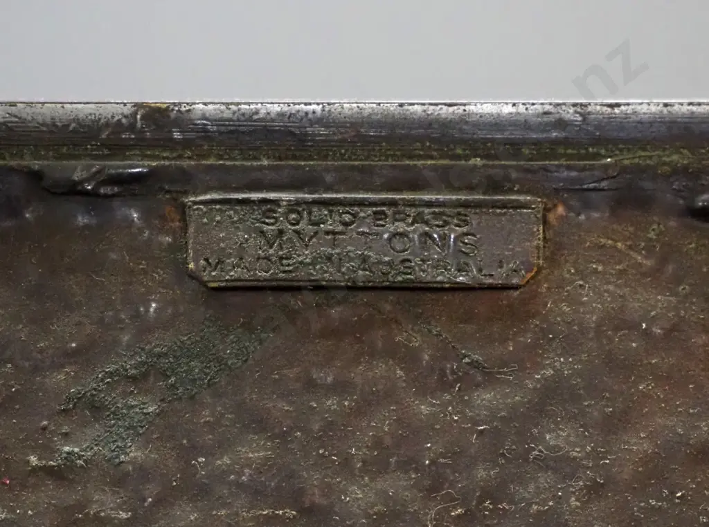 deco beaten brass galleon motif large fire screen with scroll handles and feet, some verdigris. Marked Myttons, Made in Image 1++