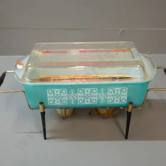 mid-century Crown Pyrex glass covered baking dish on metal on plastic warming stand H-170 W-380 D-180
